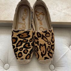 Leopard Print Espadrilles. Excellent Condition-Never Worn Trendy Leather Slip-on Espadrilles, Espadrilles With Cushioned Footbed For Outings, Casual Brown Flats With Textured Sole, Woven Sole Espadrilles For Outings, Trendy Leather Closed Toe Espadrilles, Brown Low-top Flats For Summer, Casual Natural Espadrilles With Flat Heel, Casual Natural Flat Heel Espadrilles, Brown Espadrilles With Textured Sole