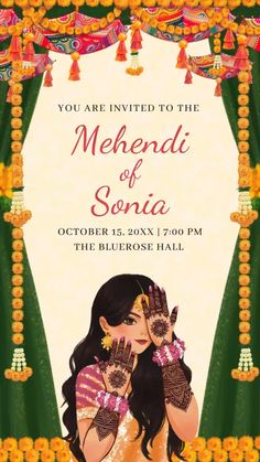 Mehendi Illustration Wedding, Mehendi Digital Invitation, Indian Bride Mehendi Illustration, Mehendi Quotes For Bride, Mehandi Illustration Bride, Mehendi Card Template, Indian Wedding Card Design Templates, Mehendi Card Design, Mehndi Wedding Invitation