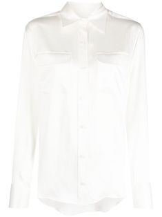 buttoned-up silk shirt from EQUIPMENT featuring milk white, silk, classic collar, long sleeves, front button fastening, chest flap pockets and curved hem. White Silk Blouse With Spread Collar, Classic Satin Shirt With Spread Collar, White Silk Button-up Shirt, Classic White Silk Shirt, Classic Satin Shirt For Workwear, White Silk Shirt With Button Closure, Elegant Blouse With Pockets And Spread Collar, Classic White Satin Blouse, Elegant Collared Shirt With Pockets