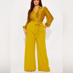 Nwt’s! Never Been Worn, Only Tried On. This Chartreuse Jumpsuit Is Super Chic And Sexy. Looks Super Luxe In Person. Perfect For A Professional Work Setting. Jumpsuit Collar Long Sleeve Mesh Top Button Down Tie Waist Wide Leg Invisible Back Zipper Stretch Inseam =33" Self: 95% Polyester 5% Spandex Contrast: 88% Nylon 12% Spandex Lining 100% Polyester Chartreuse Fashion, Leather Skirt Outfit, Chartreuse Color, Money Moves, Fashion Nova Pants, Jumpsuit Fashion, Skirt Outfit, Skirt Outfits, Making Money