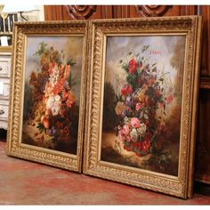 two paintings of vases with flowers in them are on display next to each other