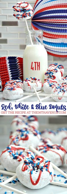 red, white and blue donuts are on display in front of an american flag decoration