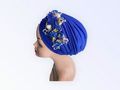 This beautiful fashion turban is designed with comfort and style in mind; it is easy to wear with no tying involved. Wear it on your head, and you are ready to go. This Pre tied Turban Hat is versatile, and it compliments every outfit. Size: Stretchy fabric, one size fits all Adjustable Blue Turban For Party, Elegant Adjustable Blue Headwrap, Blue Turban For Party, Elegant Blue Headscarf, Hijab Turban Style, Fashion Turban, Mode Turban, Turban Style, Turban Hat