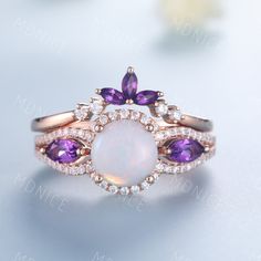 Genuine Opal Bridal Set/ Opal Engagement Ring Set/ 14K Solid Rose Gold Ring/ Opal Amethyst Wedding Ring Set/ Natural Opal Ring Set Unique wedding set,perfect as engagement/wedding ring, birthday or anniversary gift, etc. Engagement Ring ❀gemstone is 7mm round cut natural opal❀ ❀ band stone : 4X2mm marquise cut amethyst + man made diamond stones,VVS Clarity,AAA❀ ❀925 Sterling Silver,Rose/White/Yellow Gold Plated❀ ❀14/18k Solid White/Rose/Yellow gold❀ Wedding Band ❀ 3X1.5mm marquise cut amethyst + Purple 14k Gold Birthstone Wedding Ring, Wedding Yellow Gold Amethyst Ring With Halo Setting, Rose Gold Amethyst Ring For Wedding, White Amethyst Ring For Anniversary, Heirloom Amethyst Birthstone Ring For Wedding, 14k Gold Amethyst Wedding Ring, 14k Gold Amethyst Ring For Wedding, Lavender Amethyst Ring In 14k Gold For Wedding, Elegant White Amethyst Wedding Ring