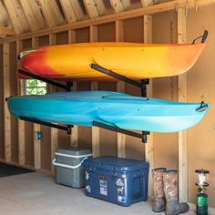 2 kayak wall mount Canoe Shed Storage, Garage Kayak Storage, Kayak Rack Diy, Kayak Storage Garage, Canoe Storage, Tahoe House, Modern Cabins, Garage Storage Inspiration, Kayak Storage Rack