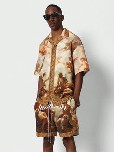 Revered Collar Shirt And Short 2 Piece Set With All Over Print Brown Boho  Short Sleeve Woven Fabric All Over Print  Non-Stretch  Men Clothing, size features are:Bust: ,Length: ,Sleeve Length: Safari Moodboard, Grecian Aesthetic, Safari Fashion, Cuban Men, Graphic Clothes, Revere Collar, Slim Fit Top, Safari Style, Floral Print Shirt