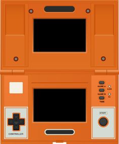 an orange nintendo game boy style oven with buttons and controls on the front, two doors open