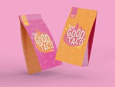 two bags with the words good taco printed on them are shown against a pink background