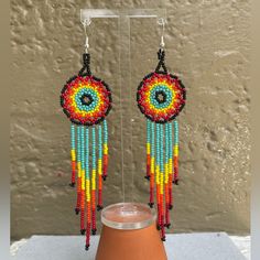 Handmade With Czech Glass Seed Beads And 925 Sterling Silver Hooks By A Young Chicana Artist. Please Allow 2 Weeks To Be Made And Shipped. Some Flexibility With Colors, Comment For Any Questions! Make A Bundle Of 3 For Free Shipping Artisan Polished Beads Earrings As Gift, Artisan Multicolor Round Beaded Earrings, Artisan Polished Beads Earrings For Gift, Artisan Earrings With Polished Beads For Gift, Southwestern Beaded Round Earrings, Southwestern Style Earrings With Colorful Beads, Southwestern Style Beaded Round Earrings, Southwestern Round Beaded Earrings, Traditional Multicolor Earrings With Polished Beads