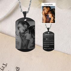 ★Introducing our customizable photo and date pendant necklace, a perfect gift for men. This necklace allows you to personalize it with a special photo and significant date, making it a truly unique and sentimental piece. ★The pendant is made of high-quality stainless steel material, ensuring durability and a sleek appearance. The black color adds a touch of modernity and sophistication to the necklace. ★One of the standout features of this necklace is the adjustable chain. You can easily change the length to suit your preference or style, ensuring a comfortable fit. ★This necklace is a perfect gift for your boyfriend, especially for anniversary celebrations. By adding a cherished photo and significant date, you are capturing a precious memory and commemorating your journey together. It ser Personalized Black Jewelry For Father's Day, Black Jewelry For Father's Day Personalized Gift, Personalized Black Pendant Jewelry, Personalized Black Dog Tag Necklaces, Black Pendant Jewelry For Personalized Gift, Personalized Black Dog Tag Necklace, Black Dog Tag Necklaces For Personalized Gift, Black Dog Tag Necklace For Personalized Gift, Black Engraved Jewelry For Anniversary Gift