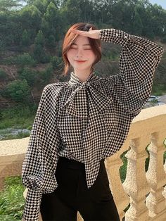 Elegant Plaid Long Sleeve Tops, Elegant Long Sleeve Plaid Tops, Trendy Black Blouse For Office Wear, Long Sleeve Houndstooth Shirt For Fall, Houndstooth Long Sleeve Shirt For Fall, Trendy Tie Neck Office Tops, Casual Black Tie Neck Blouse, Trendy Office Blouse For Fall, Black Office Lady Blouse For Fall