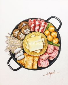 a drawing of a platter filled with different types of food