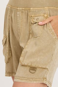 Layered cargo pockets detail this Soft Twill short, along with a pull-on stretchy waist and a roomy silhouette. Soft Twill: 100% Tencel. Terry Waistband: 95/5 Rayon/Spandex. Inseam: ~6". Front Rise: ~10.75". Back Rise: ~17.5". Waistband: Elastic. Color Description: Bright Khaki acid wash. Preshrunk. Machine washable. Imported. MODEL Whitney is wearing size Small. Height: 5'10" | Bust: 34A | Waist: 26" | Hip: 37" Summer Short Cargo Jeans With Side Pockets, Utility Cargo Jeans In Cotton, Cotton Utility Cargo Jeans Short Length, Utility Style Cotton Cargo Shorts, Utility Style Cotton Cargo Jeans Short Length, Utility High-waisted Shorts With Side Pockets, Summer Short Cargo Jeans With Pockets, High-waisted Utility Shorts With Side Pockets, High Waist Utility Shorts With Side Pockets