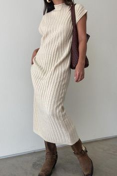 Beige Knit V-neck Midi Dress, Ribbed Turtleneck Winter Dress, Casual Ribbed Turtleneck Dress, Casual Turtleneck Sweater Dress For Spring, Casual Ribbed Turtleneck Sweater Dress, Chic Beige Turtleneck Dress, Casual Turtleneck Winter Dress, Chic High Neck Ribbed Dress, Chic Soft Knit Sweater Dress For Spring