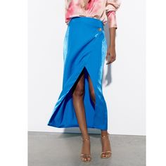 New With Tag Brand Zara Zara S/S 2023 Collection Zara’s Bestselling High-Waisted Front Wrapped Midi Skirt With Button. Slit At Hem. Outer Shell 85% Viscose 15% Polvester Zara Midi Skirt, Belt Shirt, Blue Midi Skirt, Velvet Midi Skirt, Ruched Midi Skirt, Faux Leather Midi Skirt, Tiered Midi Skirt, Animal Print Skirt, Leather Midi Skirt