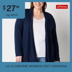 When the sun goes down, so do the temps, and this cardigan from Liz Claiborne's women's plus collection is the perfect lightweight layer to keep you warm. Made from a soft stretch-knit, this open-front cardigan has a shawl collar that looks great layered over a collared shirt.Closure Type: Open FrontFit: FittedNeckline: Open NeckSleeve Length: Long SleeveApparel Length: 30 InchesFiber Content: 95% Rayon, 5% SpandexFabric Description: KnitCare: Tumble Dry, Machine WashCountry of Origin: Imported Knitting Women Cardigan, Sun Goes Down, Collared Shirt, Knitting Women, Open Front Cardigan, Shawl Collar, Liz Claiborne, Knit Cardigan, Looks Great