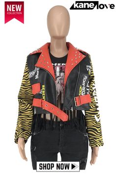 Black Turndown Collar Animal Prints Print Outerwear Print Outerwear, Studded Leather Jacket, Studded Jacket, Long Sleeve Outerwear, 2020 Fashion, Stylish Plus, Turndown Collar, Leather Moto Jacket, Bead Leather