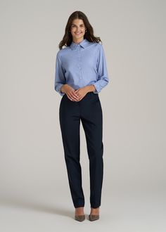 Chic and Sophisticated Women's Tall Dress Pants Elegance in Every Seam Our Flat Front Tapered Dress Pants for tall women are a testament to American Tall's commitment to empowering women over 5'9" with fashion that fits. These pants, crafted with a blend of cotton, nylon, and elastane, offer a comfortable, high-rise fit that's both flattering and functional. The tapered design and full-length cut ensure a sleek silhouette, perfect for both office and casual settings. These tall women's dress pan Elegant Full-length Work Pants, Fitted Business Bottoms, Blue Fitted Tapered Leg Dress Pants, Fitted Ankle-length Work Pants, Office Wear Tapered Leg Work Pants, Elegant Slim Fit Full Length Work Pants, 4-way Stretch Tapered Leg Office Pants, Stretch Tapered Leg Dress Pants With Pull-on Style, Elegant Full-length Slim Fit Work Pants