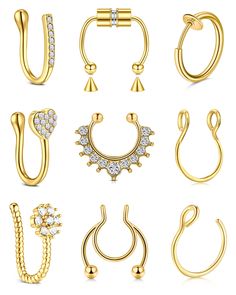 various types of gold nose rings and piercings with diamonds on the sides, all in different shapes and sizes