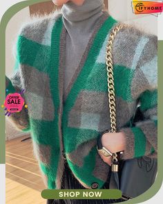 Loose Plaid Urban Sweater V Neck Long Sleeve Coat Plaid V-neck Cardigan For Fall, Plaid V-neck Outerwear For Fall, Casual Plaid V-neck Outerwear, V-neck Plaid Outerwear For Winter, Green V-neck Outerwear For Work, Winter Plaid V-neck Cardigan, Urban Sweater, Long Sleeve Coat, Long Sleeves Coats