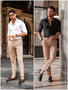 Beige colour shirt pant combination. Formal Pant Colours For Men, Men’s Beige Dress Pants Outfit, Pants Colours For Men, Men’s Beige Pants Outfit, Beige Colour Pants Outfit, Mens Chinos Outfit Wedding, Black Shirt Matching Pant For Men, Khaki Formal Outfit For Men, Black Shirt Beige Pants Men