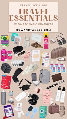 the ultimate travel essentials guide is shown in this graphic style, including shoes, luggage and other items