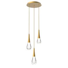 three glass drops hanging from a brass plated ceiling fixture with two clear tears