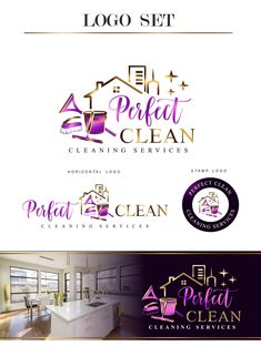 the logo for a cleaning service is shown in purple and gold colors, with an image of