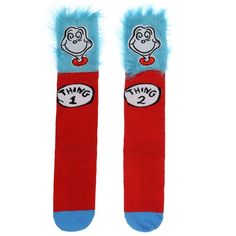 Step into the whimsical world of Dr. Seuss with our adorable Thing 1 and Thing 2 Knee-High Fuzzy Top Socks! Inspired by the mischievous duo from the beloved children's book, these socks are the great accessory for little ones who love to embrace their playful side. Crafted with care and attention to detail, these vibrant red knee-high socks feature one sock that reads "Thing1" and the other "Thing 2". The fuzzy tops add an extra touch of fun and comfort, making them ideal for keeping little feet Fun Round Toe Socks For Playtime, Novelty Multicolor Socks For Stocking Stuffers, Multicolor Novelty Socks For Stocking Stuffer, Red Knee High Socks, Novelty Red Socks For Winter, Fuzzy Top, Red Novelty Socks For Winter, Knee High Socks, High Socks