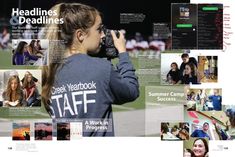 a woman holding a camera up to her face in front of a magazine page with images of people on it