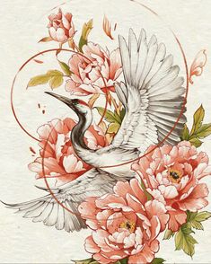 a drawing of a bird with flowers on it's body and in the air