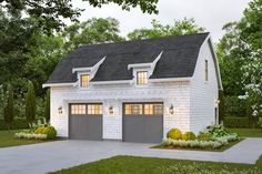 a two car garage is shown with lights on