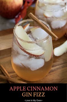 an apple cinnamon gin fizz is garnished with ice