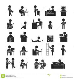 black and white silhouettes of people working at different desks stock photo - image