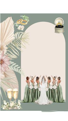 the wedding party is holding champagne glasses in front of an arch with flowers and rings on it