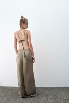 WIDE LEG SATIN PANTS - Stone | ZARA United States Versatile Full Length Pants For Spring, Khaki Fitted Wide-leg Pants, Versatile Full Length Spring Pants, High-waisted Pants With Elastic Side Panels, Fitted High-waisted Khaki Pants, Chic Minimal Stretch Wide Leg Bottoms, Chic Wide Leg Bottoms With Minimal Stretch, Summer Bottoms With Elastic Side Panels And Loose Fit, Fitted Full Length Khaki Wide Leg Pants