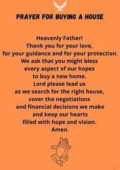 an orange background with the words prayer for buying a house and praying hands on it