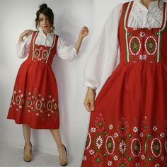 Trrachten Dirndl floral embroidery Dress / Embroidered Dirndl / Mid length Folk Austrian dress / Oktoberfest dress / Size 40 Brand: Eger Dirndl Size: 40 (please check the measurements to make sure it will fit you). Measurements, flat / approximate measurements: Overall length: 110 cm (43.30'') Bust: 46 cm x2 (18.11'' x2) Waist: 40 cm x2 (15.74'' x2) Model in the photos is size 8UK/4US; 164 cm/5'5''  Material: cotton Condition: very good vintage condition (small fixed area on the skirt). The blou Red Folk Style Floral Print Dress, Red Folk Dress With Floral Print, Red Folk Style Dress For Festive Occasions, Folk Style Red Festive Dress, Folk Style Red Dress For Festive Occasion, Red Fitted Folk Embroidered Dress, Red Floral Embroidered A-line Dress, Red Embroidered Dress For Christmas, Red Embroidered Christmas Dress