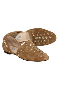 Current Boutique-Jimmy Choo - Tan Suede w/ Gold Studded Trim Flats Sz 6 Jimmy Choo Flats, Office Attire, Glitz And Glam, Jimmy Choo Shoes, Tan Suede, Gold Studs, Jimmy Choo, Slip On, Size 6