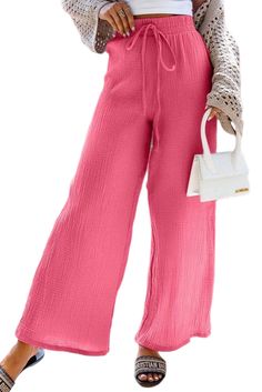 Rose Textured Wide Leg Drawstring High Waist Pants Stretch Pink Pants With Drawstring, Pink Stretch Pants With Drawstring, Pink Wide Leg Pants With Drawstring, Pink Drawstring Trousers, Trendy Pink Drawstring Pants, Pink Drawstring Lounge Pants, Trendy Pink Pants For Beach, Pink Drawstring Loungewear Pants, Pink Drawstring Pants For Loungewear