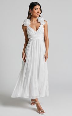 Marielly Maxi Dress - Side Cut Out V Neck Ruffle Detail Sleeve Dress in White | Showpo USA Chic V-neck Dress For Beach Wedding, Chic V-neck Maxi Dress For Beach Wedding, Spring Beach Wedding V-neck Dress, White Ruched Maxi Dress For Wedding, Chic V-neck Beach Wedding Dress, White Ruffled Maxi Dress For Beach Wedding, White Fitted Maxi Dress With Ruffled Straps, White V-neck Maxi Dress For Garden Party, White Ruched V-neck Maxi Dress