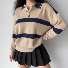 Vintage Oversized Striped Polo Bodycon Dresses Casual, Fabric Swatch, Polo Neck, Beige Sweater, Crop Top Blouse, Sweater Set, Striped Sweater, Knit Cotton, Preppy Style