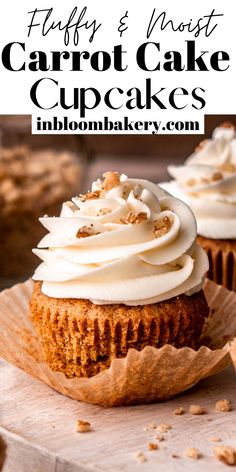 two carrot cupcakes with white frosting on top