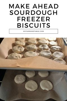 homemade sourdough fritter biscuits in baking pan with text overlay