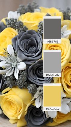 a bouquet with yellow and gray flowers on it is shown in the color palettes