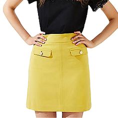 Yellow Loft Button Flap Pockets Skirt. A Perfectly Cut Shift With Buttoned Flap Pockets, This Loft Skirt Makes A Mod-Chic Mark. Back Zip. Lined. No Holes, Stains, Or Piling. Body: 71% Polyester 23% Rayon 6% Spandex Size: 2 Approximate Measurements (Laying Flat): Total Length: 19” Pit To Pit: 16” Packaged & Shipped Within 24 Hours. Note That Purchases Made On Saturday & Sunday Will Be Shipped The Next Monday As My Post Office Is Closed On Saturday. Please Examine Photos/Measurements And Ask Any Q Buttoned Pencil Mini Skirt For Work, Pencil Mini Skirt With Buttons For Workwear, Button-up Mini Skirt With Pockets For Work, Buttoned Mini Skirt For Workwear, Chic Skirt With Gold Buttons For Work, Spring Office Mini Skirt With Pockets, Summer Office Mini Skirt With Pockets, Chic Fitted Skirt With Gold Buttons, Fitted Skirt With Gold Buttons