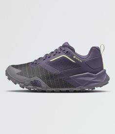 the north face women's hedgehog trail running shoe in purple and grey, side view