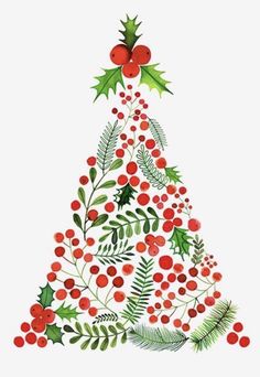 a christmas tree with red berries and green leaves on it's top, against a pink background