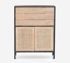 the sideboard with rattan doors and drawers is made out of wood, black metal frame