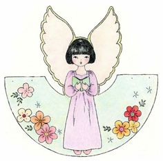 an angel holding a heart with flowers on it's wings and standing in front of a